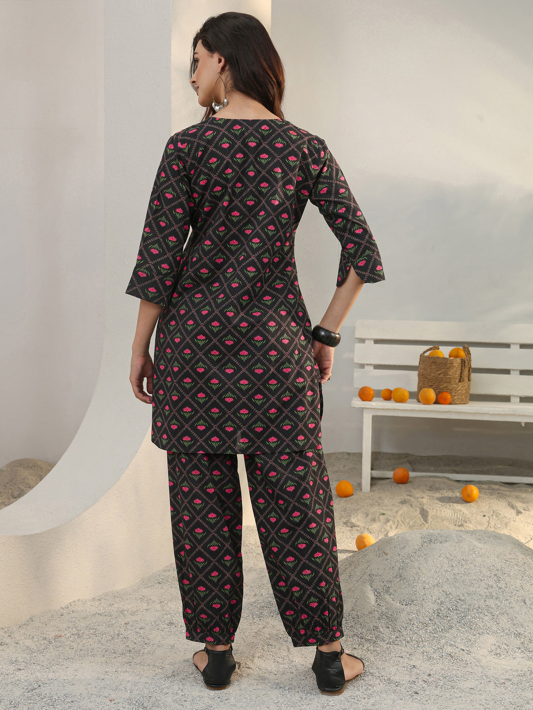  Black Floral Printed Cotton Co-Ord Set 