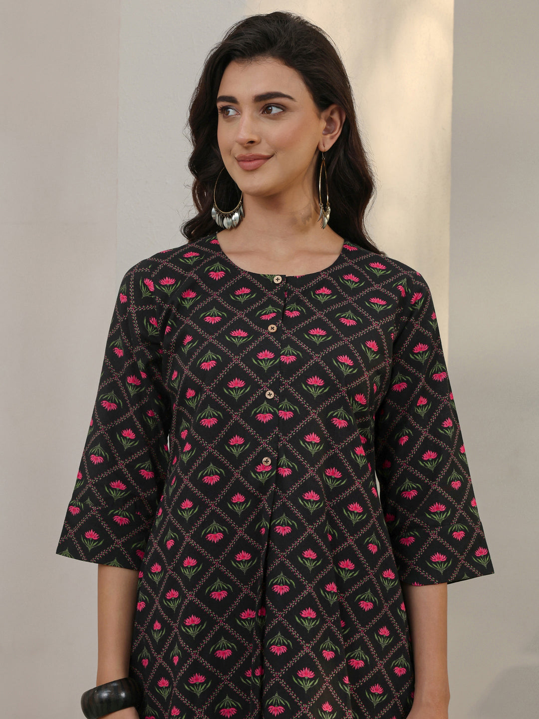  Black Floral Printed Cotton Co-Ord Set 