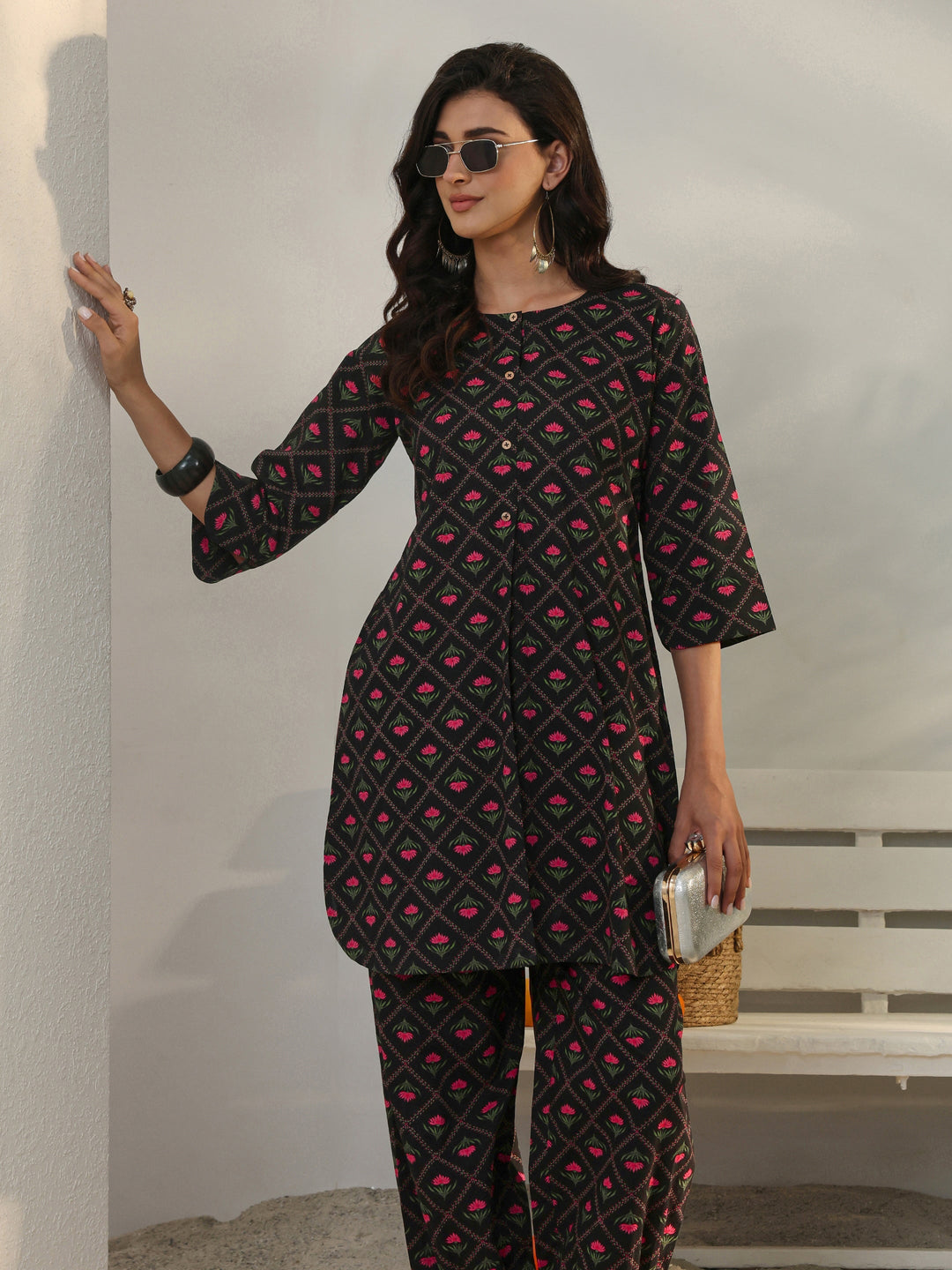  Black Floral Printed Cotton Co-Ord Set 
