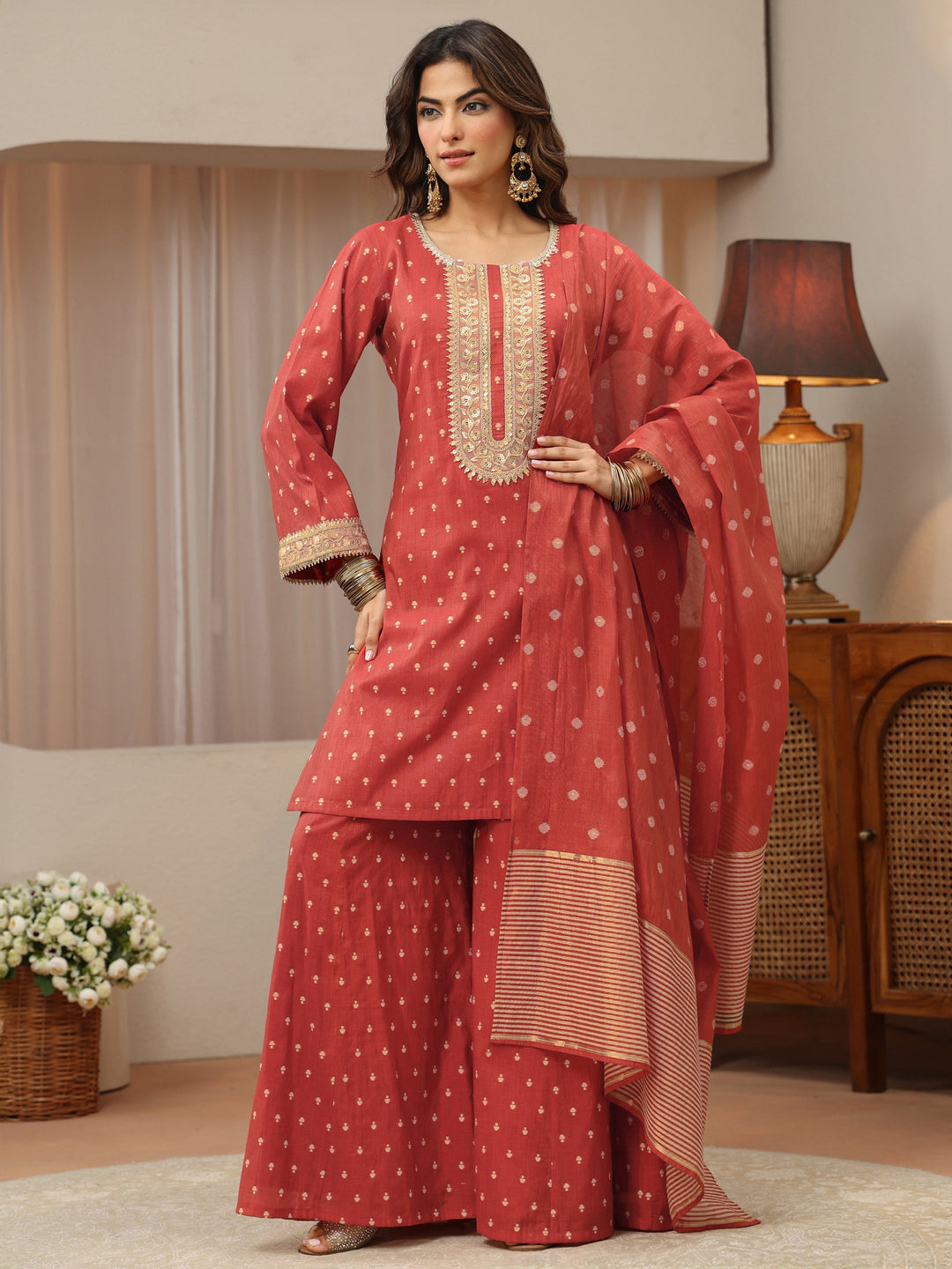  Vermillion Orange Woven Design Chanderi Silk Palazzo Suit Set 