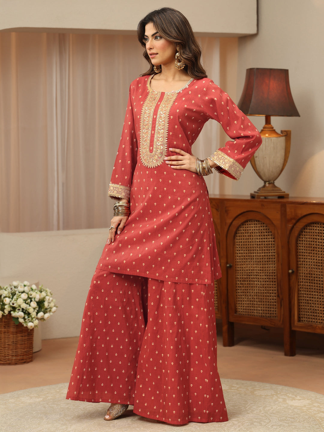  Vermillion Orange Woven Design Chanderi Silk Palazzo Suit Set 