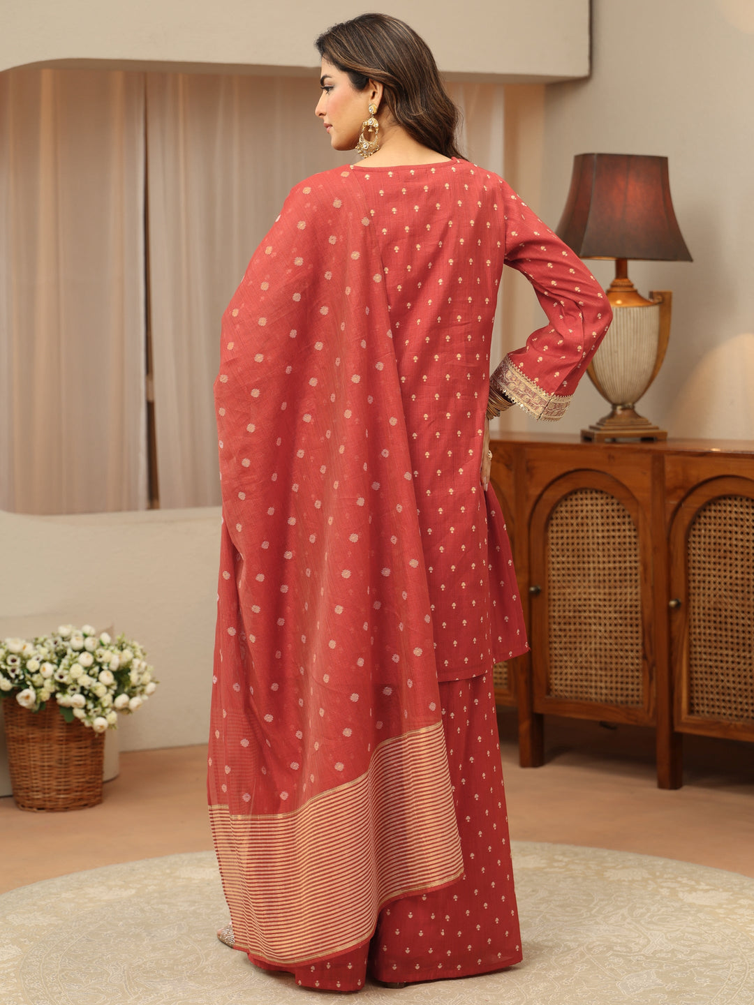  Vermillion Orange Woven Design Chanderi Silk Palazzo Suit Set 
