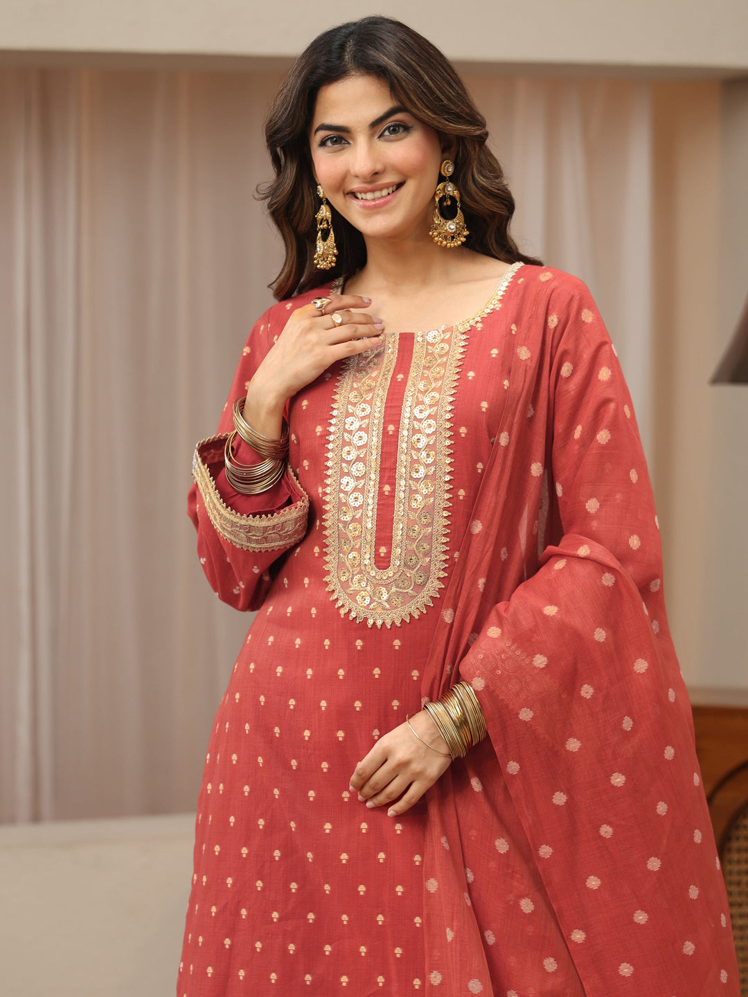  Vermillion Orange Woven Design Chanderi Silk Palazzo Suit Set 