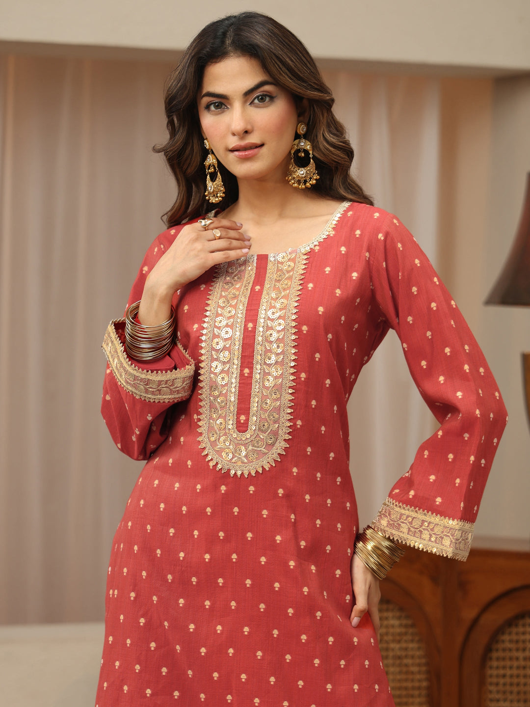  Vermillion Orange Woven Design Chanderi Silk Palazzo Suit Set 