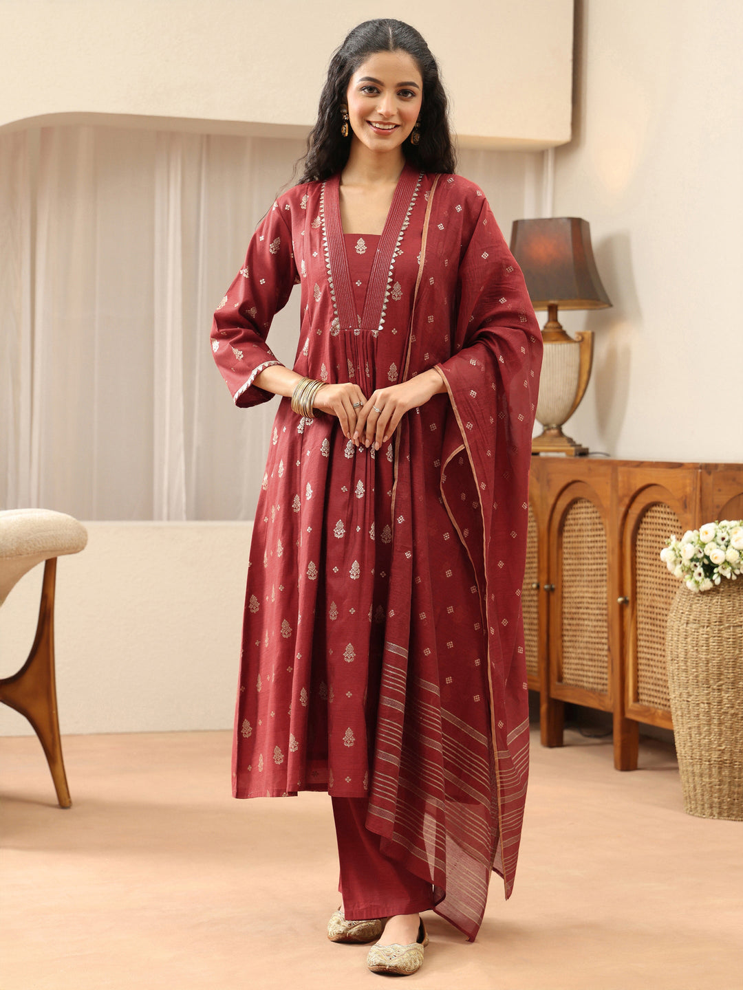  Terracotta Red Woven Design Chanderi Silk A-Line Suit Set 