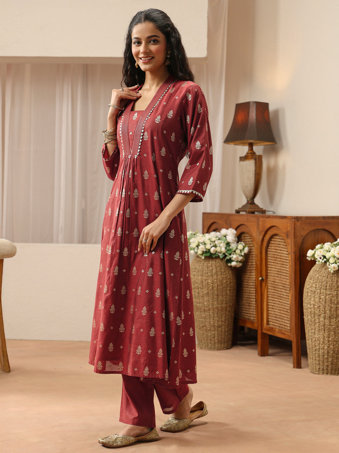  Terracotta Red Woven Design Chanderi Silk A-Line Suit Set 