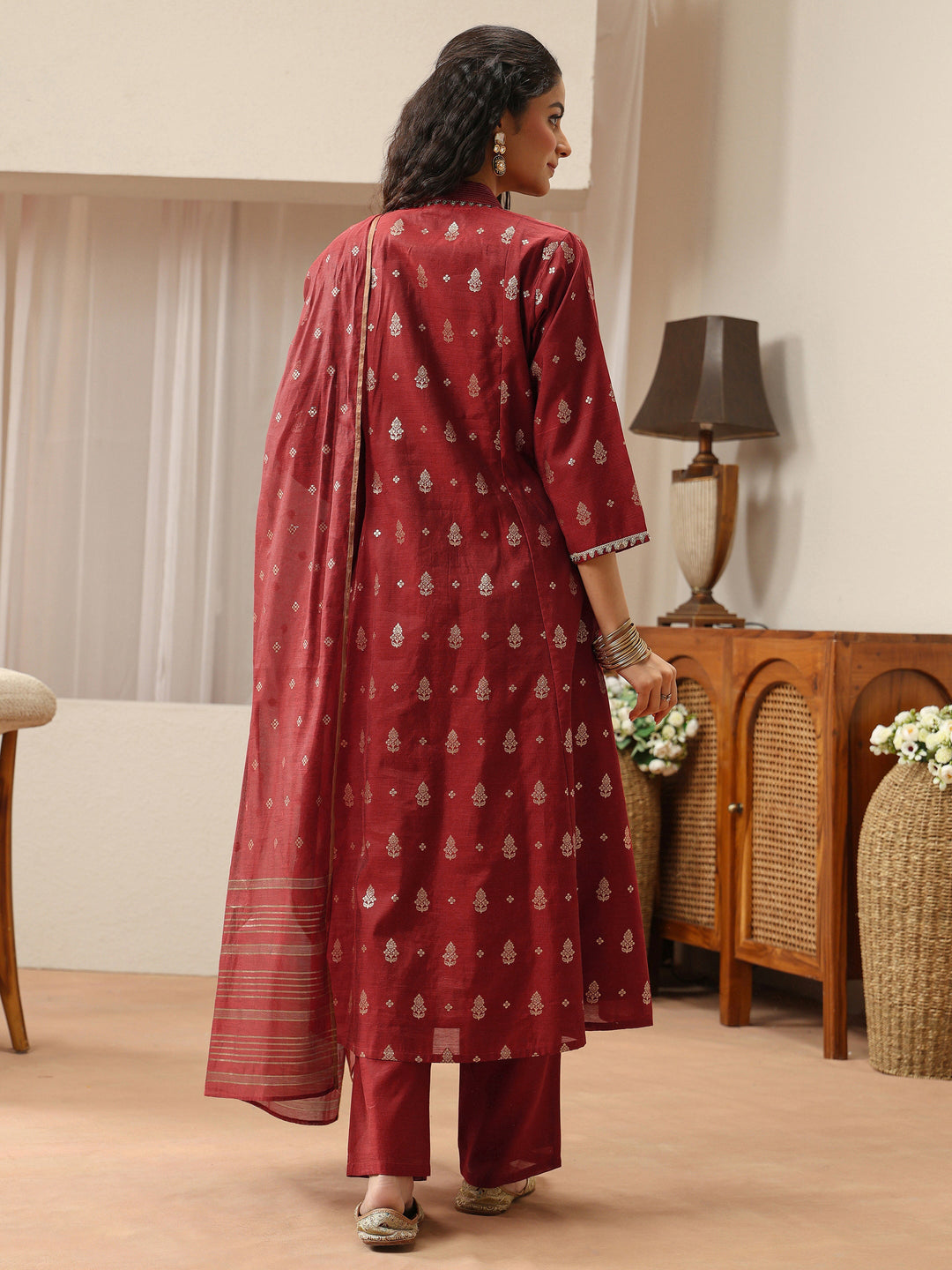  Terracotta Red Woven Design Chanderi Silk A-Line Suit Set 