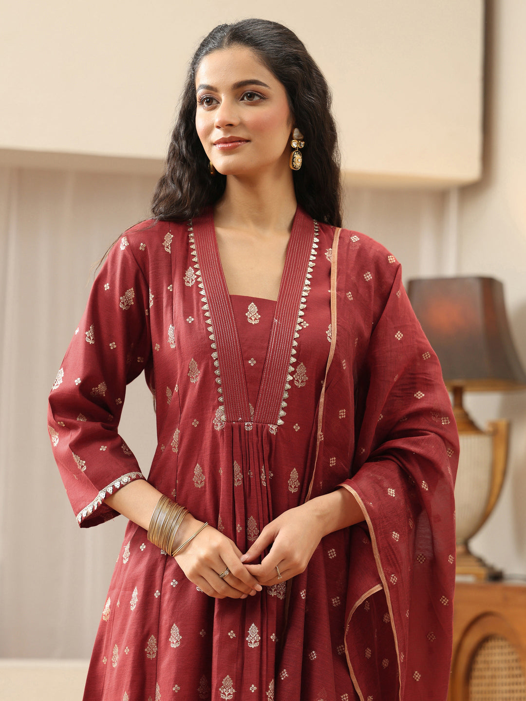  Terracotta Red Woven Design Chanderi Silk A-Line Suit Set 