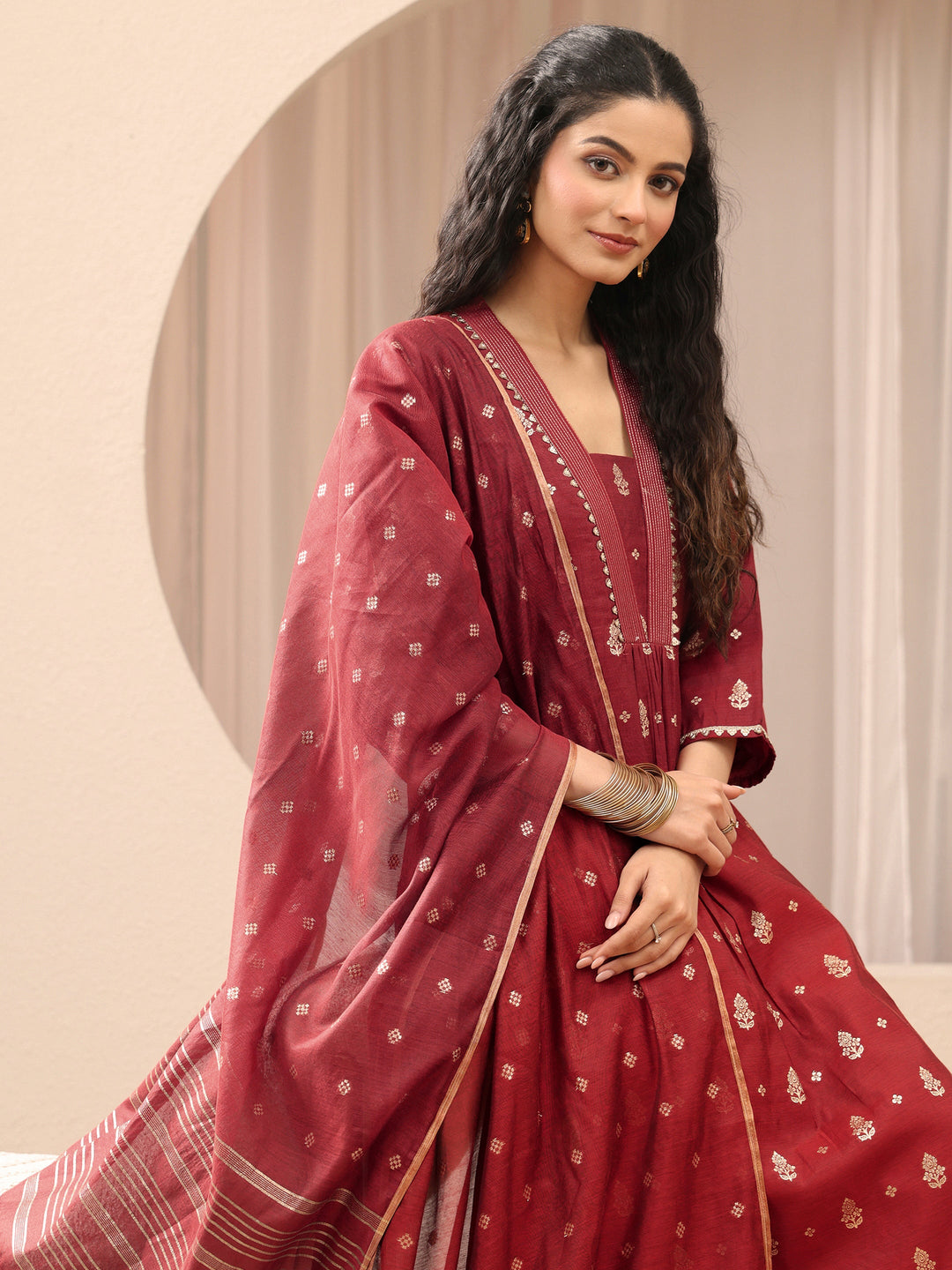  Terracotta Red Woven Design Chanderi Silk A-Line Suit Set 
