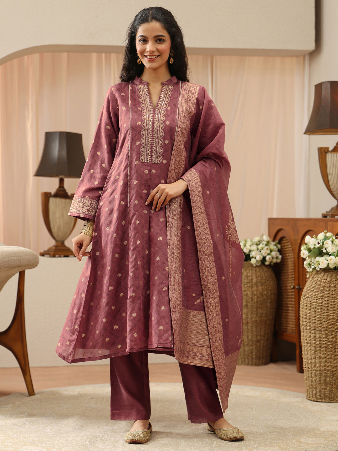  Vintage Pink Woven Design Chanderi Silk A-Line Suit Set 