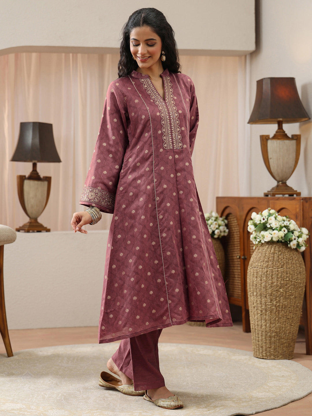  Vintage Pink Woven Design Chanderi Silk A-Line Suit Set 