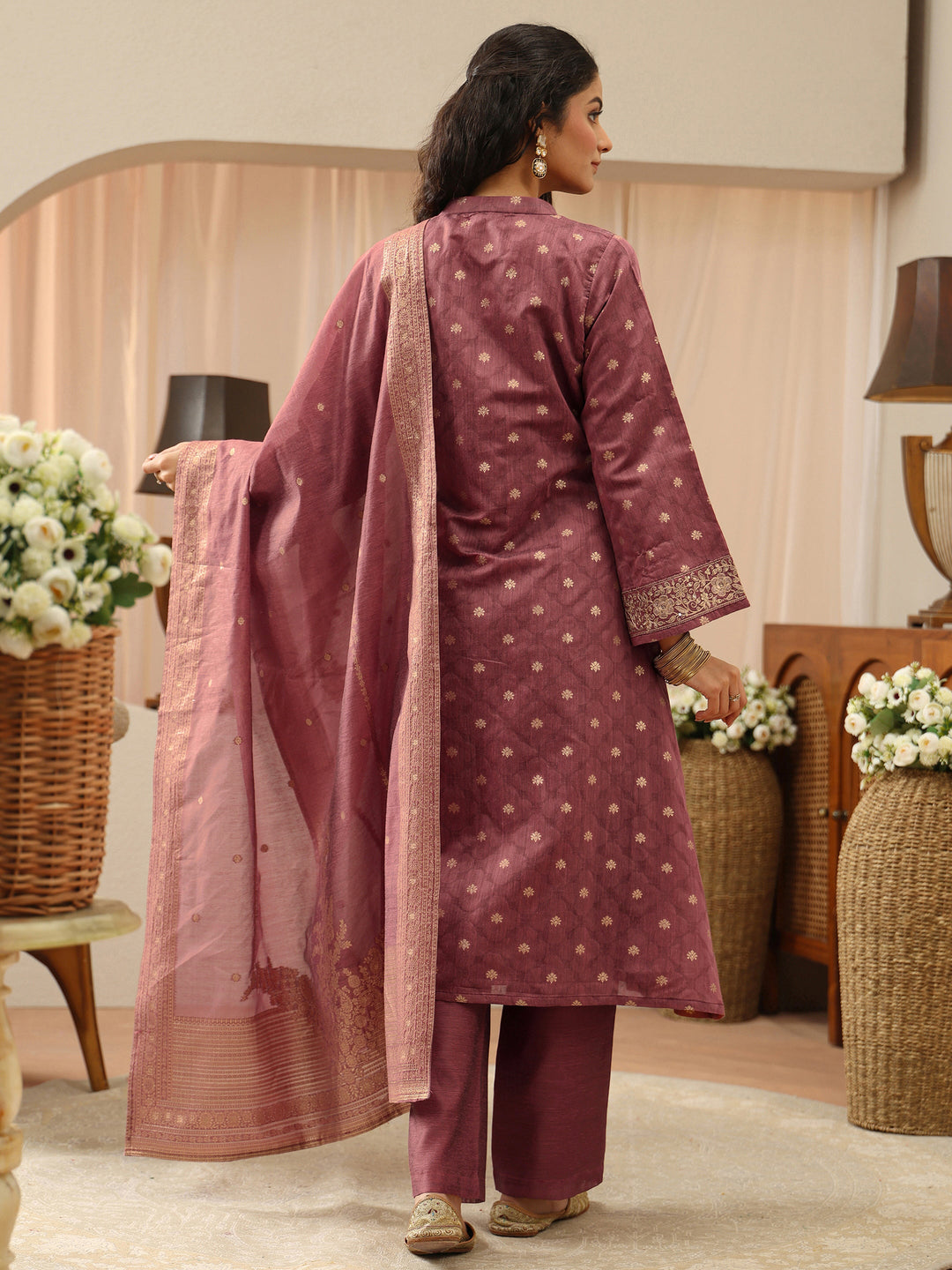  Vintage Pink Woven Design Chanderi Silk A-Line Suit Set 