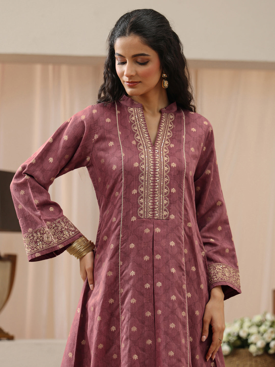  Vintage Pink Woven Design Chanderi Silk A-Line Suit Set 