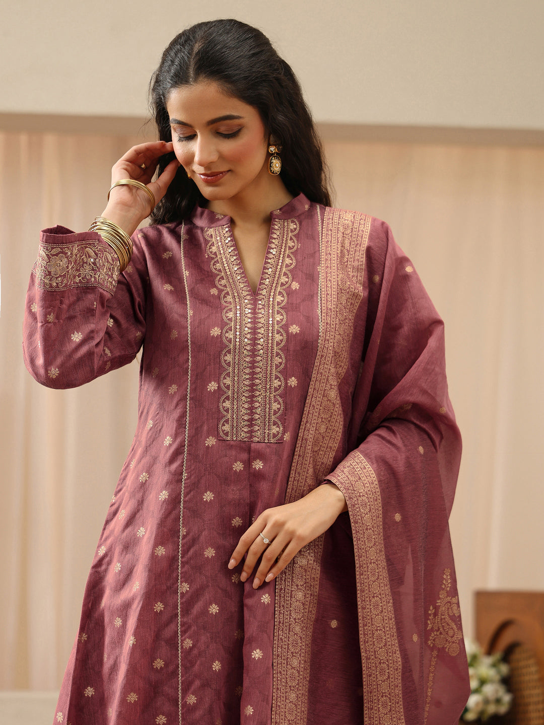  Vintage Pink Woven Design Chanderi Silk A-Line Suit Set 