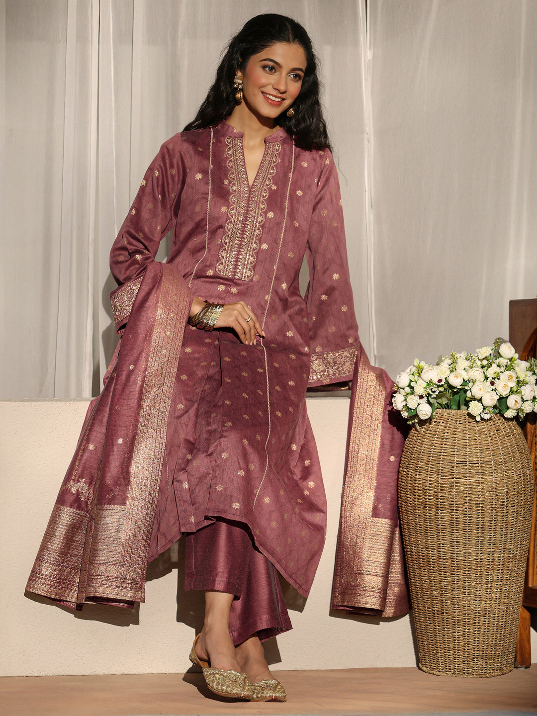  Vintage Pink Woven Design Chanderi Silk A-Line Suit Set 