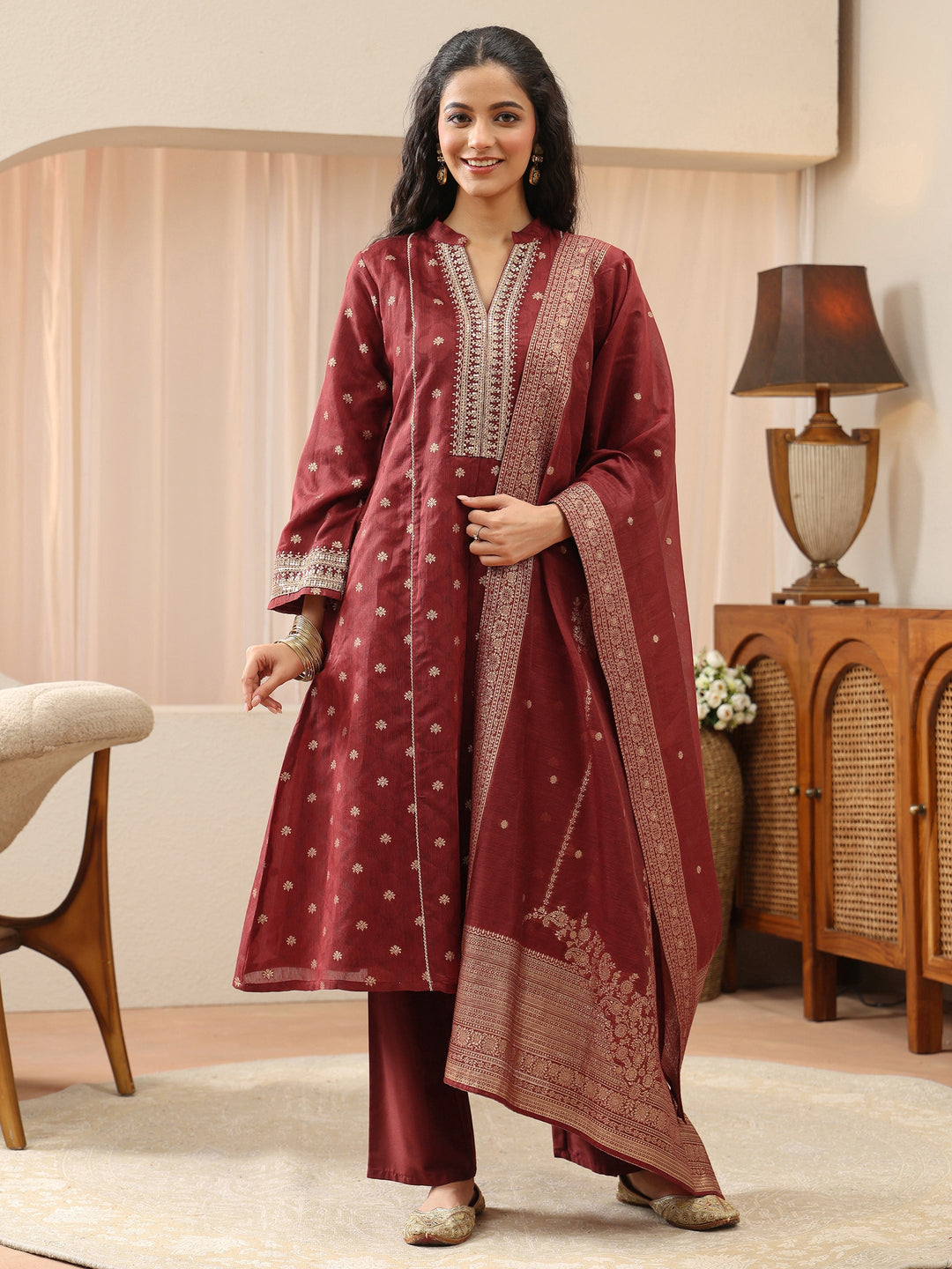  Maroon Woven Design Chanderi Silk A-Line Suit Set 