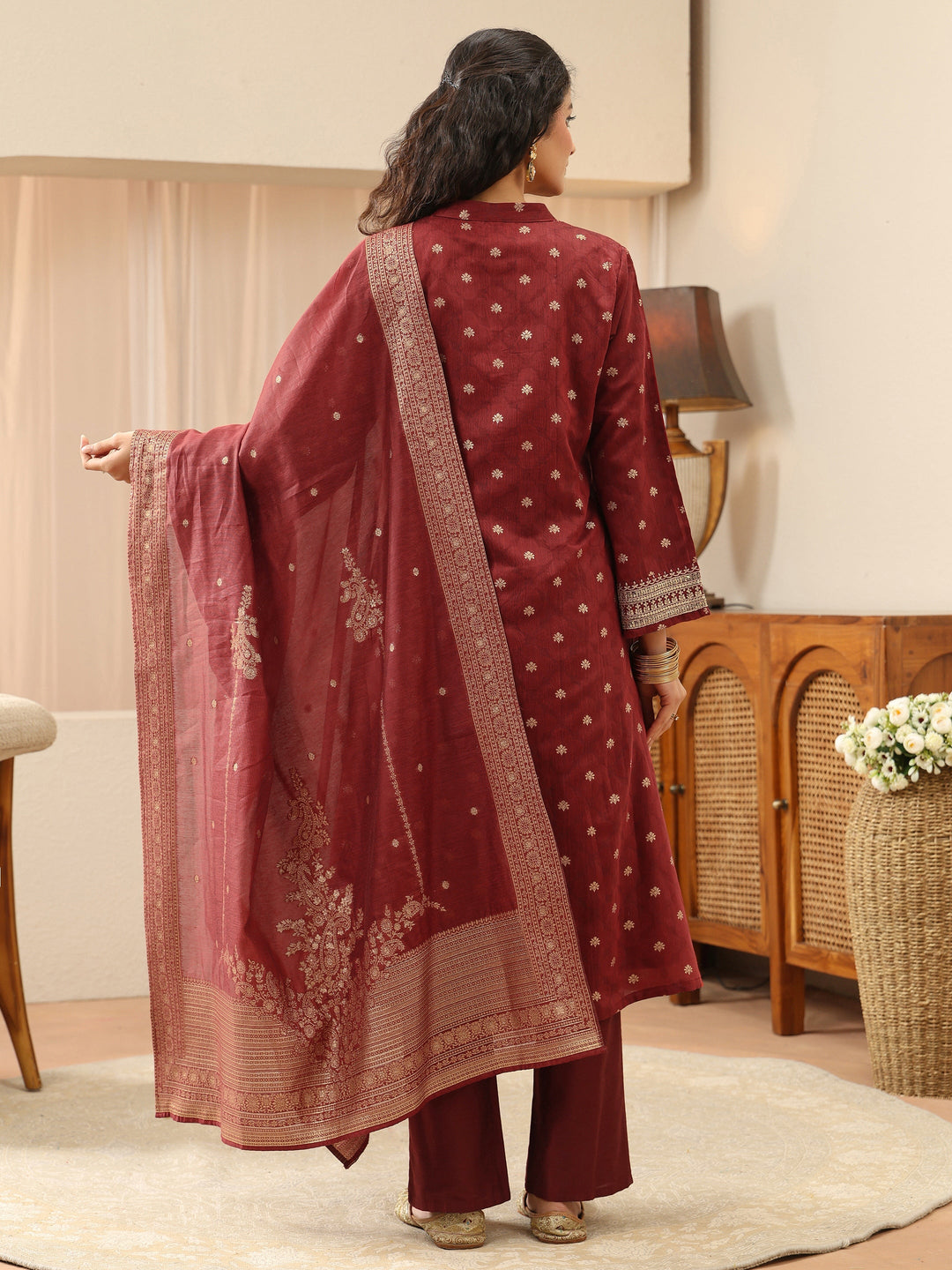  Maroon Woven Design Chanderi Silk A-Line Suit Set 
