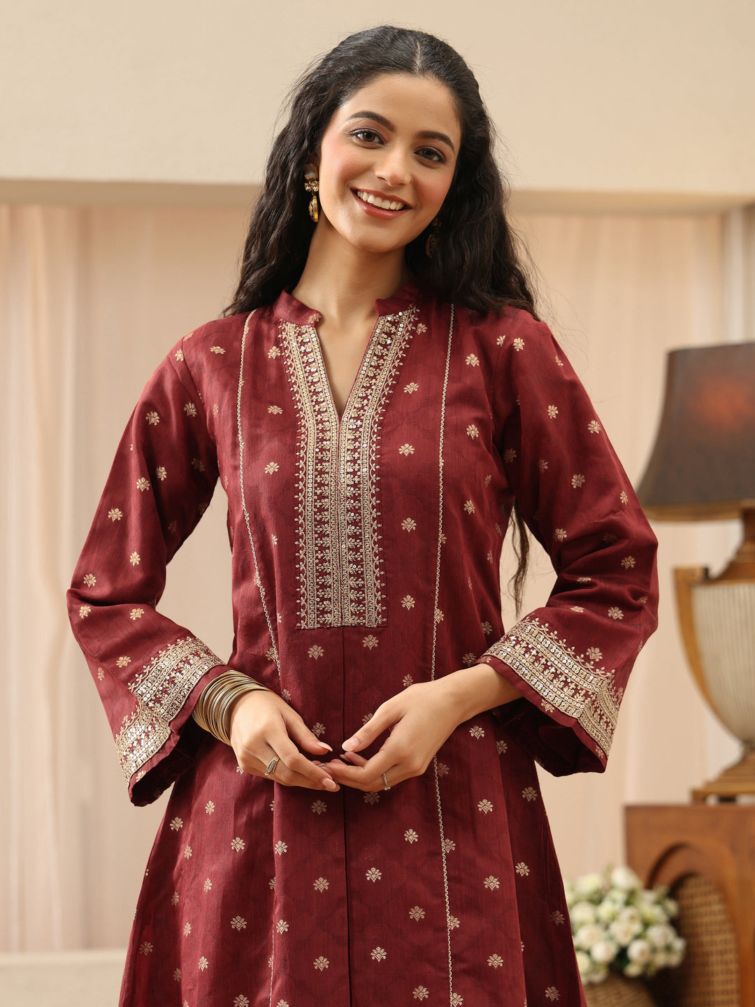  Maroon Woven Design Chanderi Silk A-Line Suit Set 
