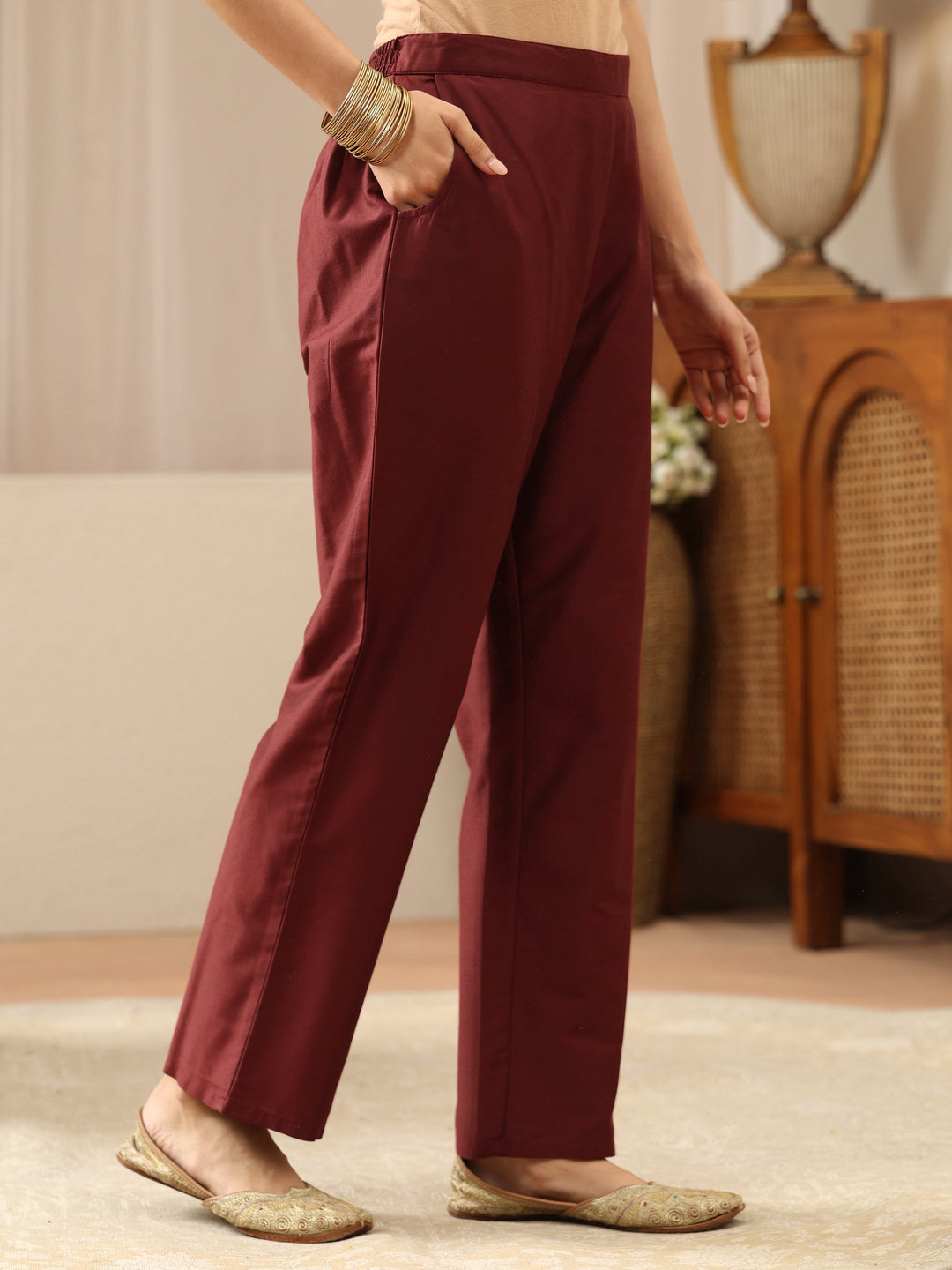  Maroon Woven Design Chanderi Silk A-Line Suit Set 