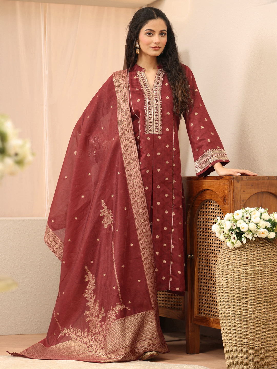  Maroon Woven Design Chanderi Silk A-Line Suit Set 