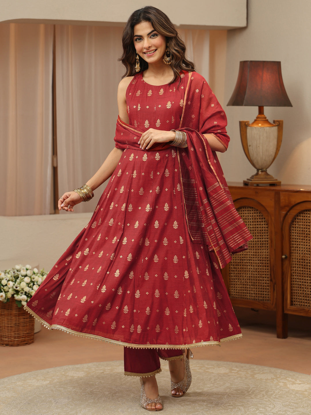  Terracotta Red Woven Design Chanderi Silk A-Line Sleeveless Suit Set 