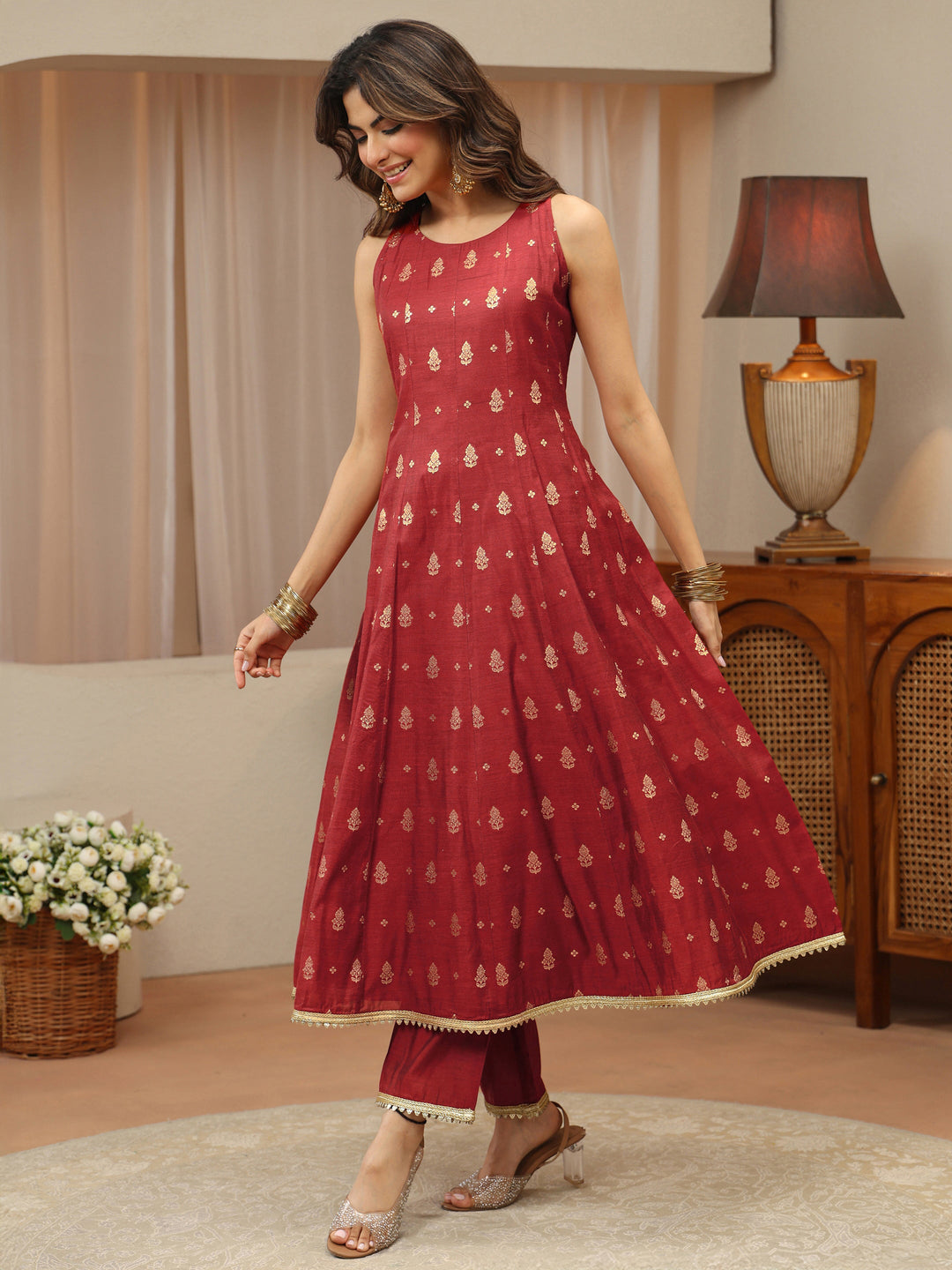  Terracotta Red Woven Design Chanderi Silk A-Line Sleeveless Suit Set 