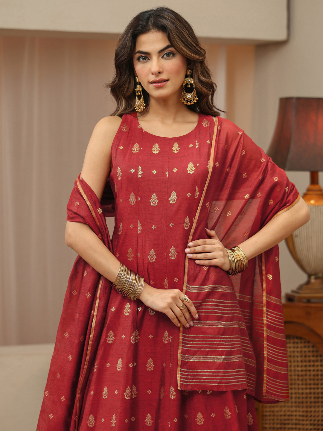  Terracotta Red Woven Design Chanderi Silk A-Line Sleeveless Suit Set 