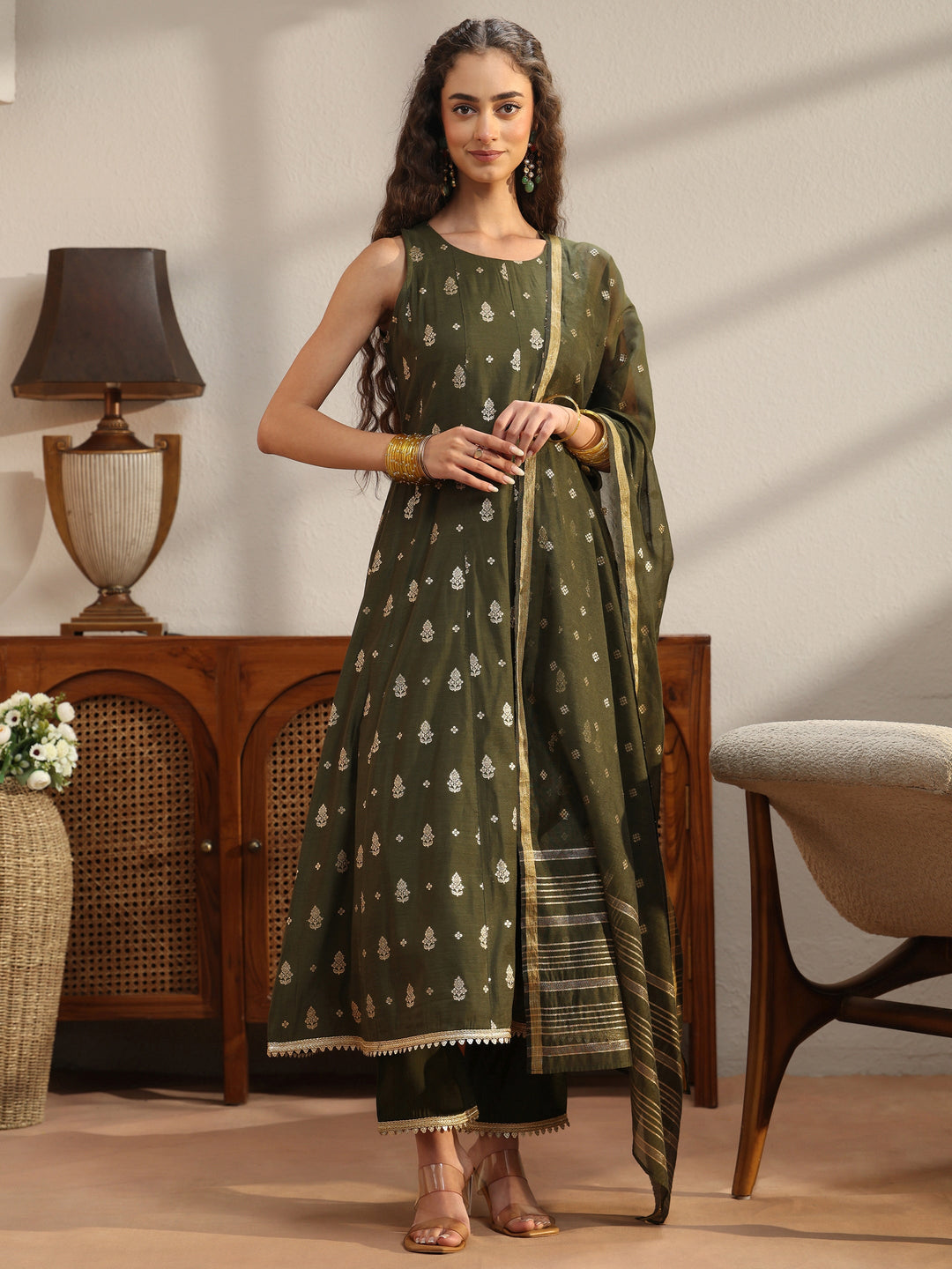  Olive Green Woven Design Chanderi Silk A-Line Sleeveless Suit Set 