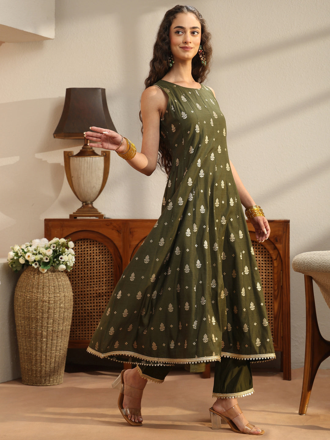  Olive Green Woven Design Chanderi Silk A-Line Sleeveless Suit Set 