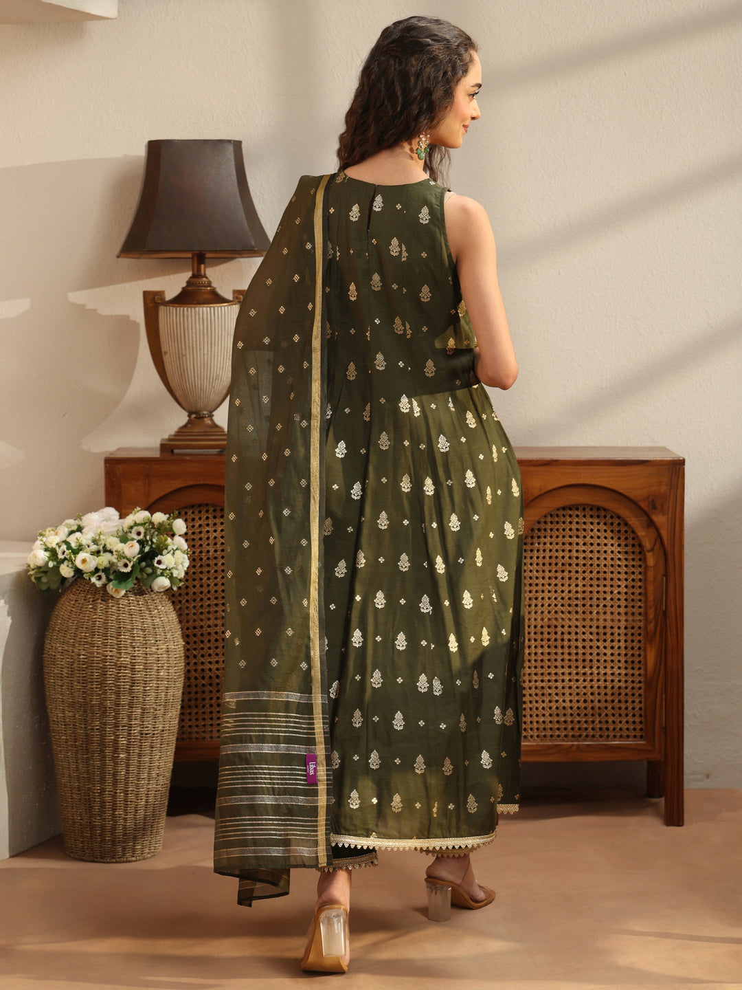  Olive Green Woven Design Chanderi Silk A-Line Sleeveless Suit Set 