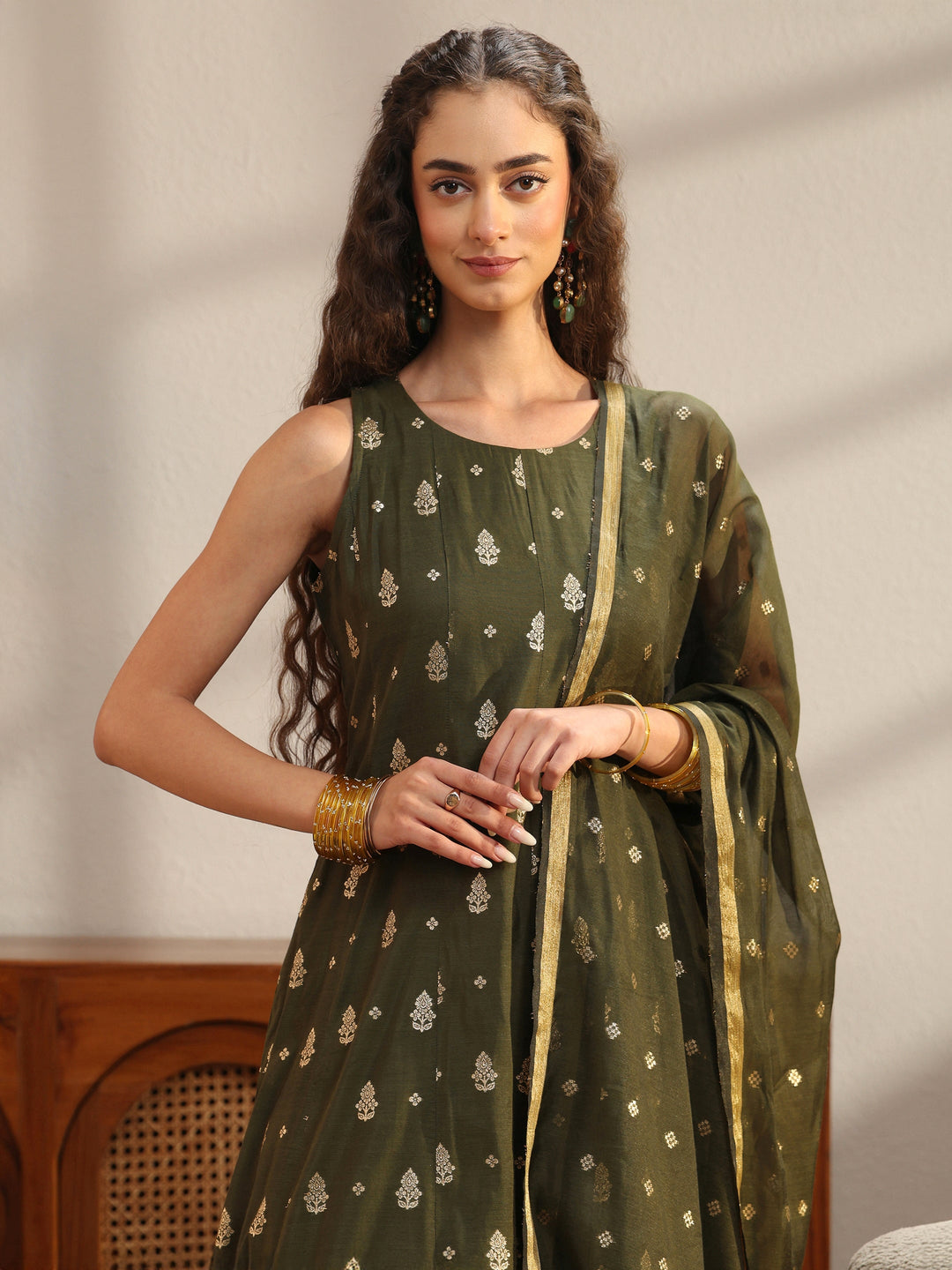  Olive Green Woven Design Chanderi Silk A-Line Sleeveless Suit Set 