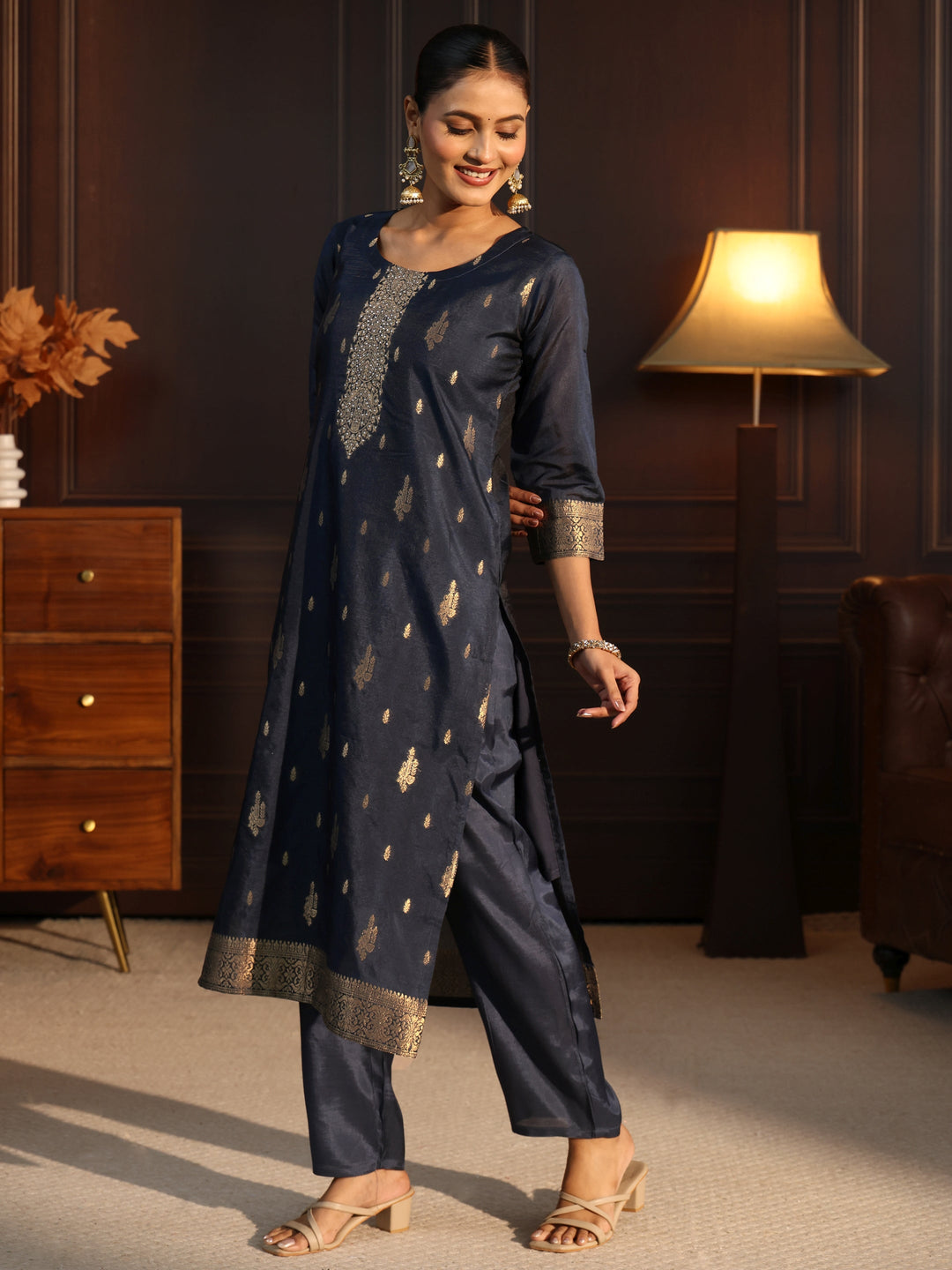  Libas Navy Blue Ethnic Woven Chanderi Silk Straight Suit Set 