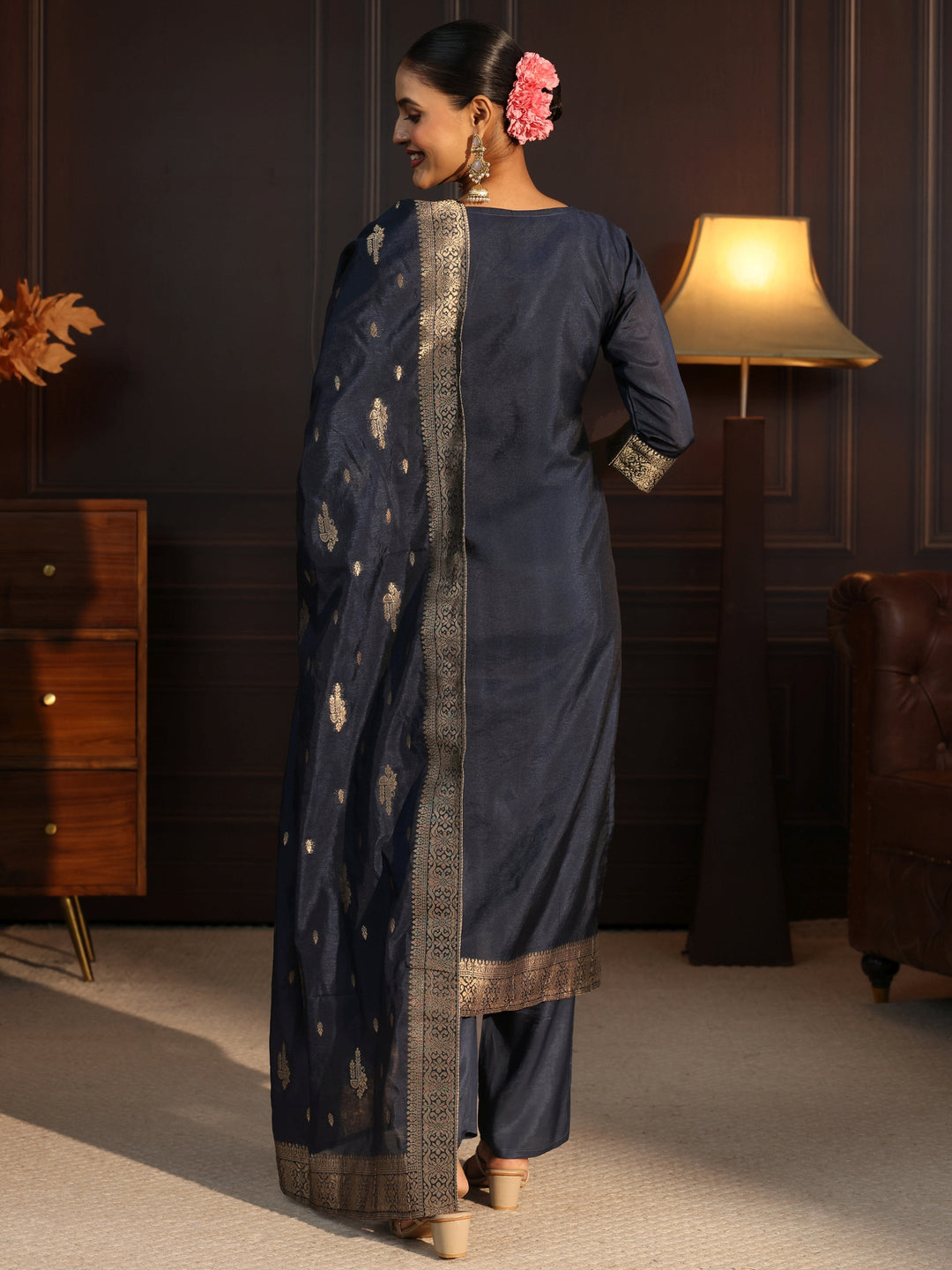  Libas Navy Blue Ethnic Woven Chanderi Silk Straight Suit Set 
