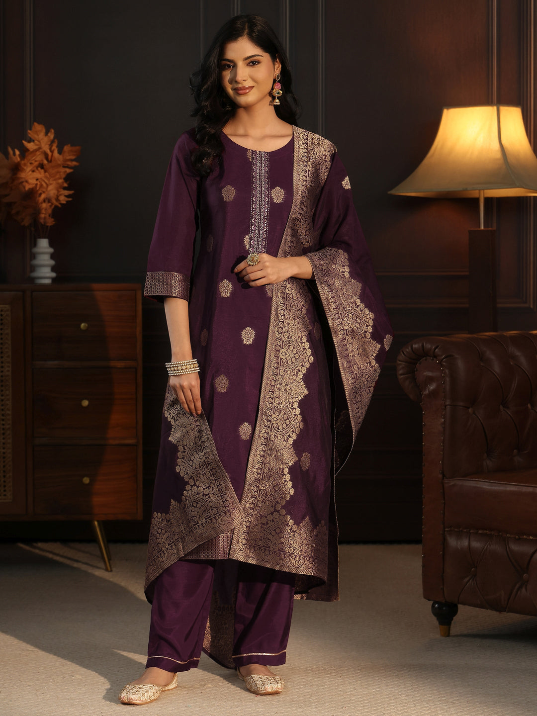  Libas Burgundy Printed Chanderi Silk Straight Suit Set 