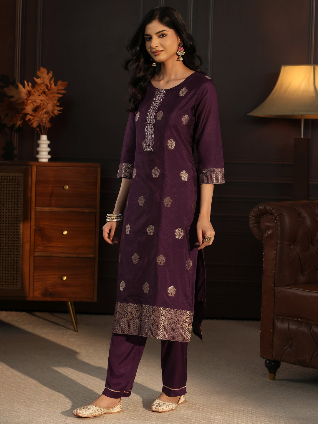  Libas Burgundy Printed Chanderi Silk Straight Suit Set 