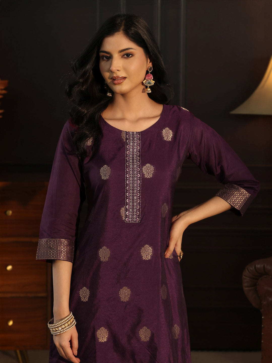  Libas Burgundy Printed Chanderi Silk Straight Suit Set 