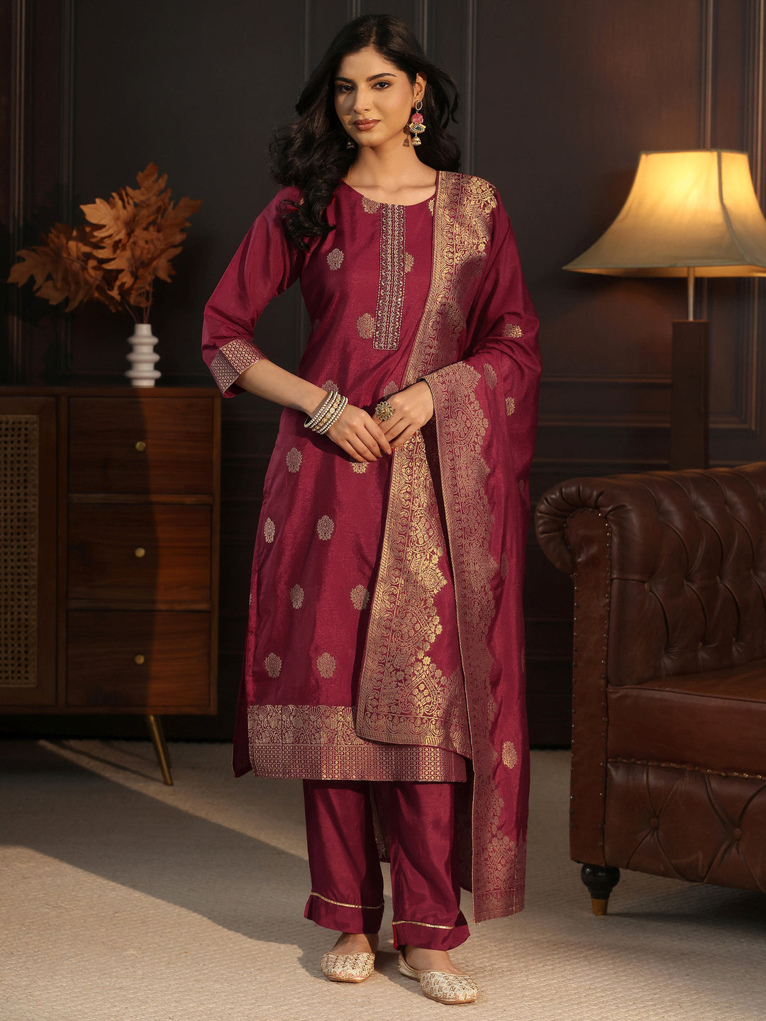  Libas Maroon Printed Chanderi Silk Straight Suit Set 