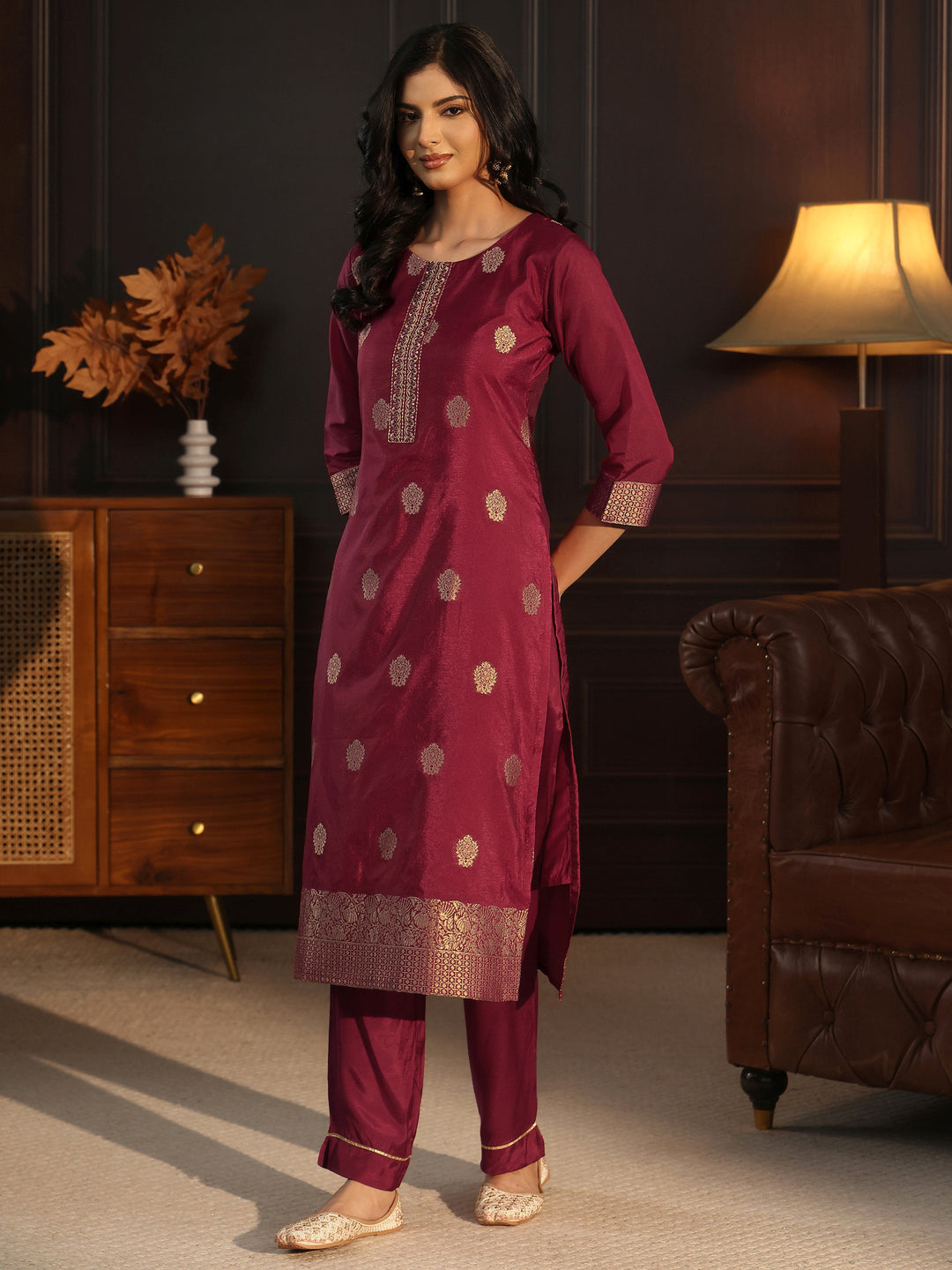  Libas Maroon Printed Chanderi Silk Straight Suit Set 
