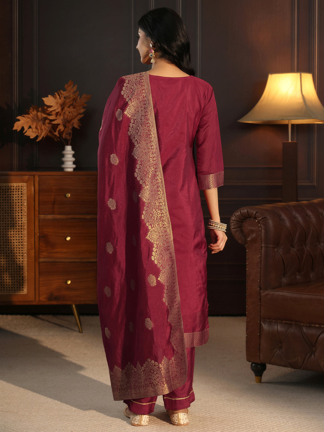  Libas Maroon Printed Chanderi Silk Straight Suit Set 