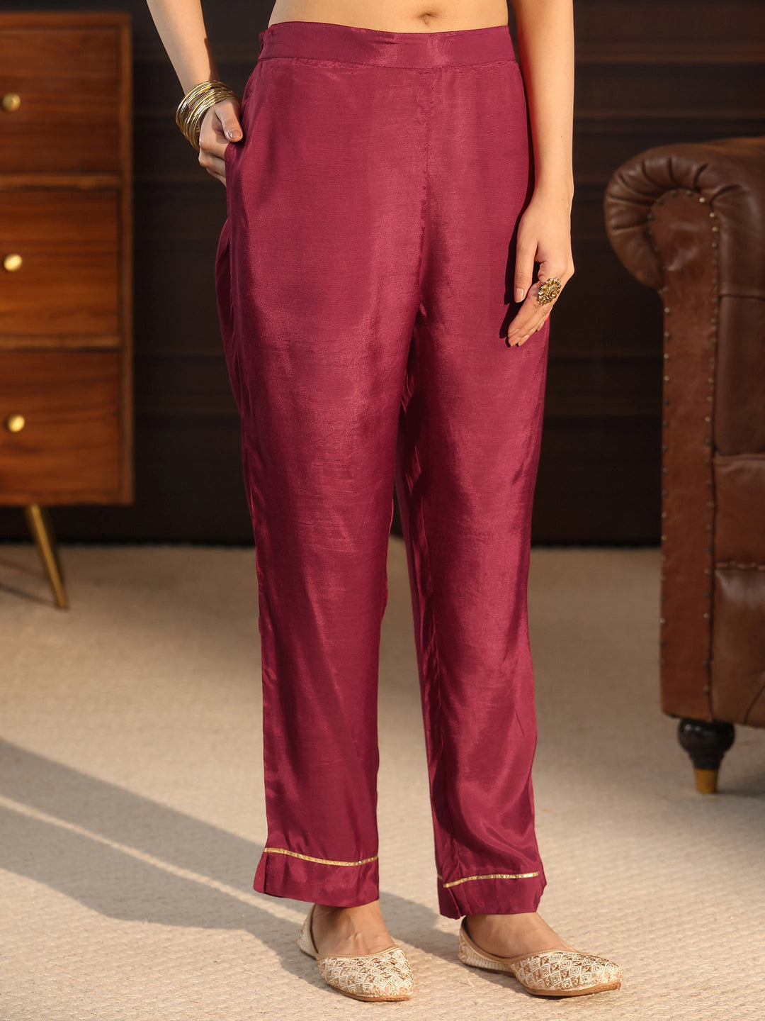  Libas Maroon Printed Chanderi Silk Straight Suit Set 