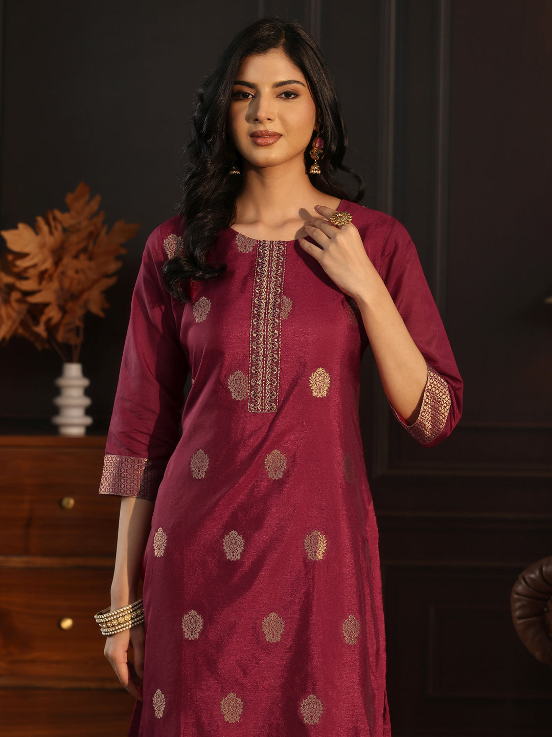  Libas Maroon Printed Chanderi Silk Straight Suit Set 