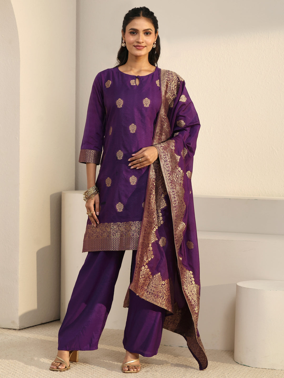  Libas Imperial Purple Woven Chanderi Silk Palazzo Suit Set 