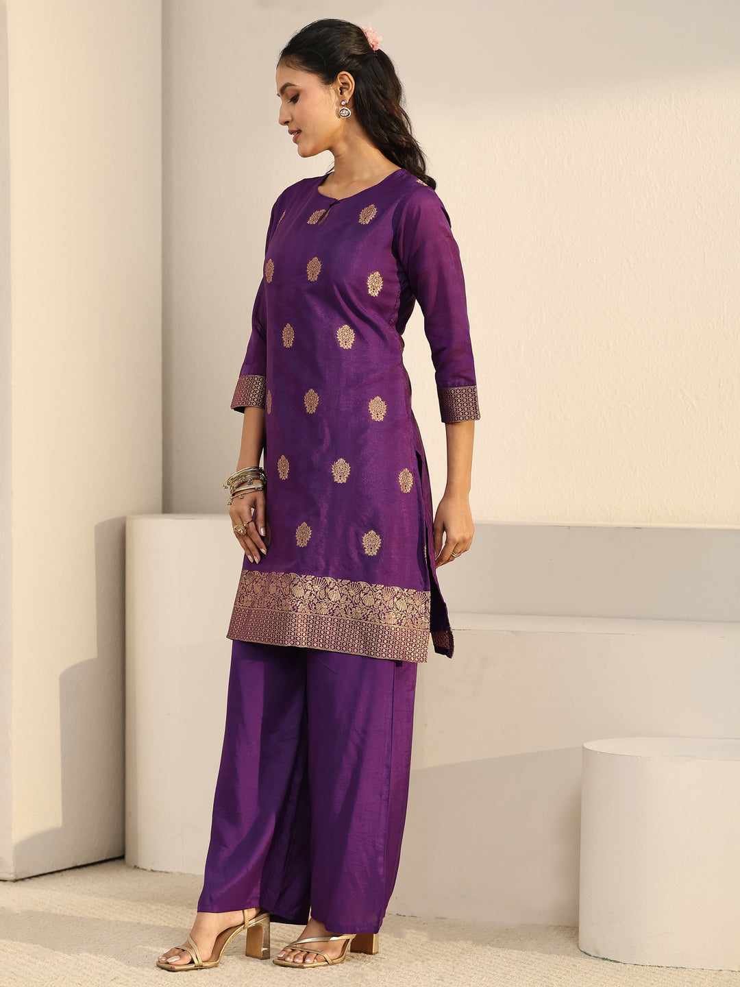  Libas Imperial Purple Woven Chanderi Silk Palazzo Suit Set 