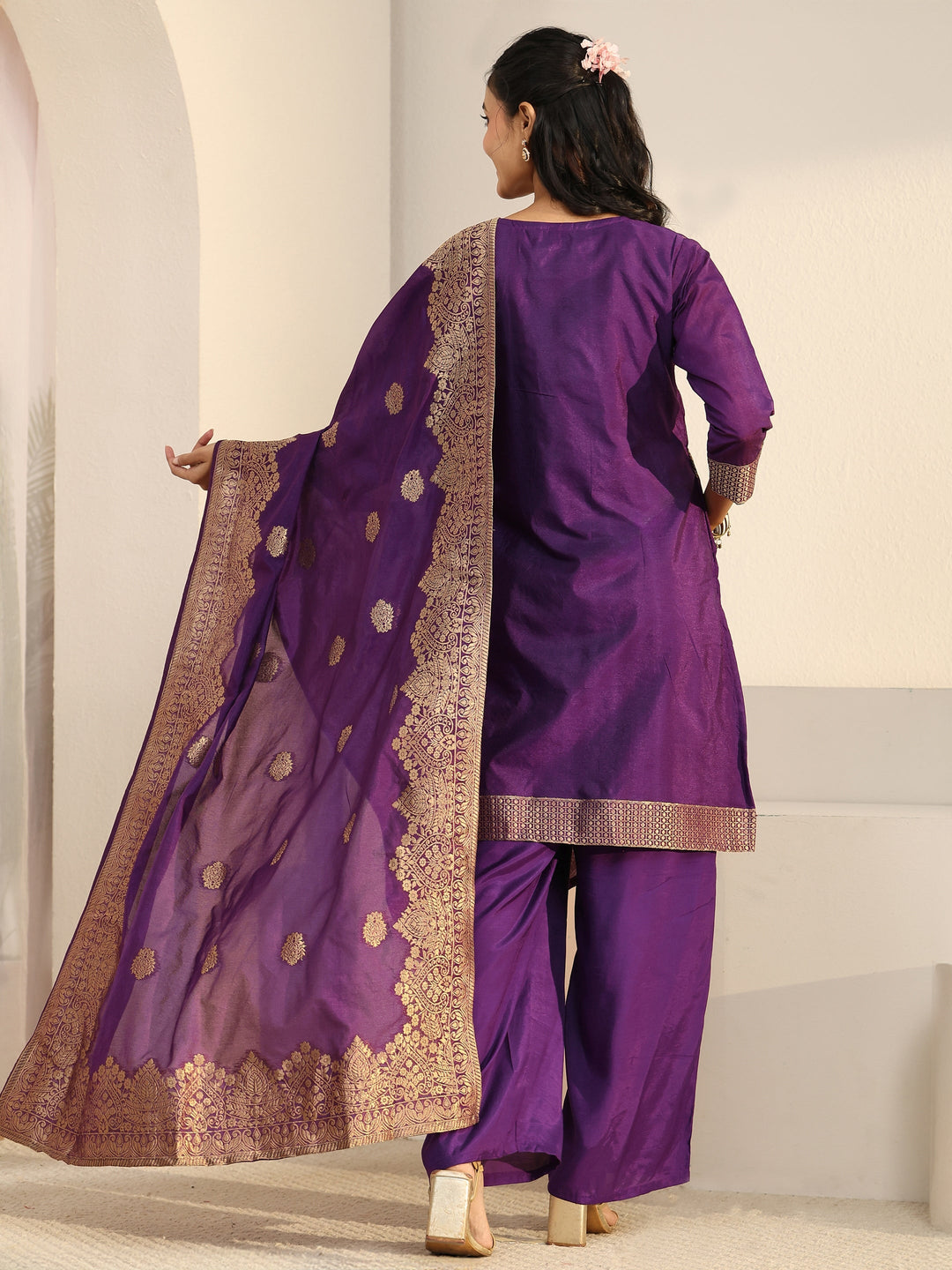  Libas Imperial Purple Woven Chanderi Silk Palazzo Suit Set 