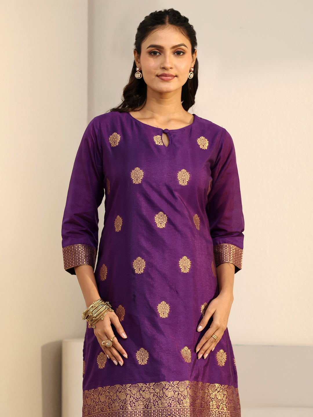  Libas Imperial Purple Woven Chanderi Silk Palazzo Suit Set 