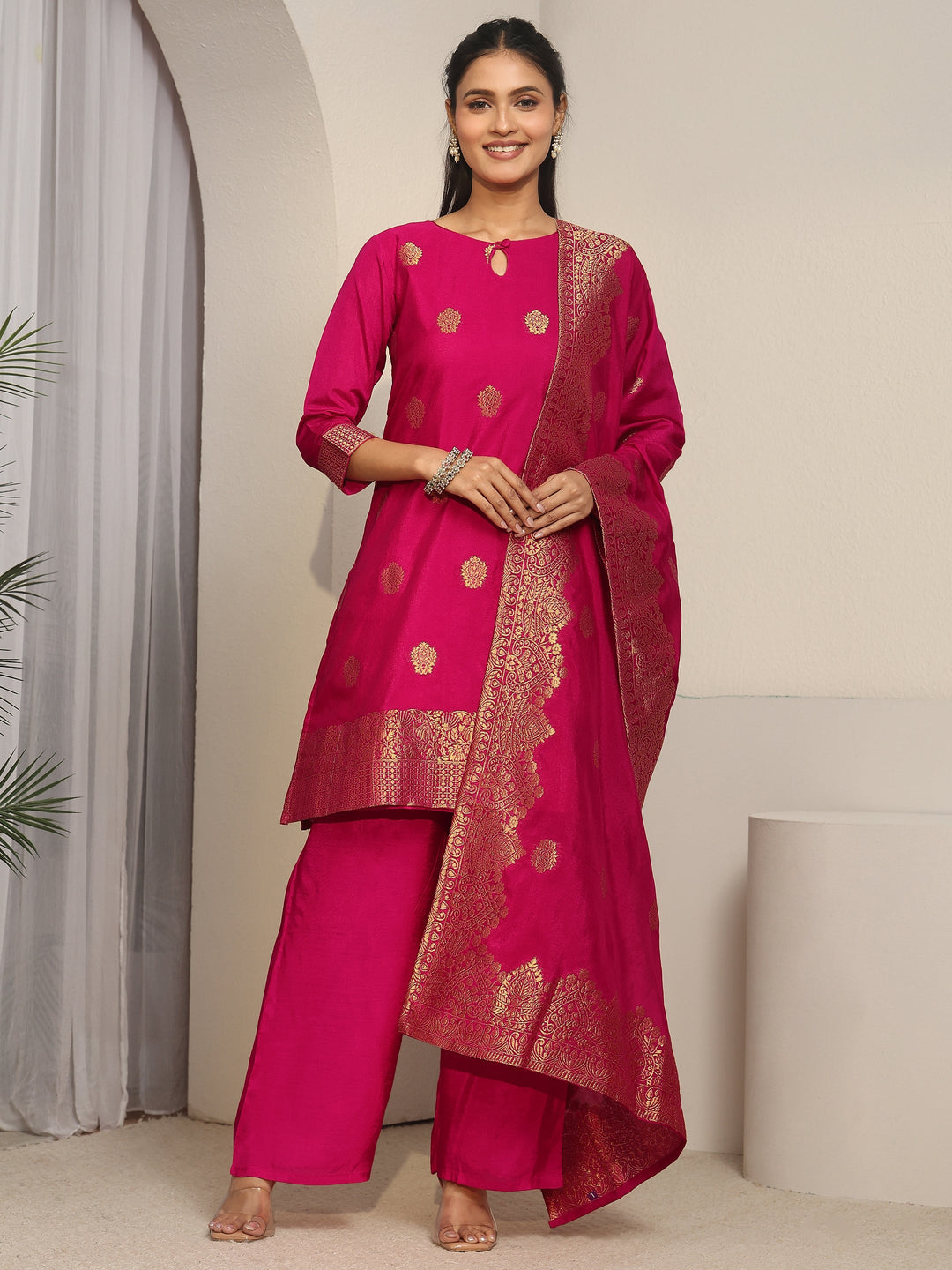  Libas Rani Pink Woven Chanderi Silk Palazzo Suit Set 