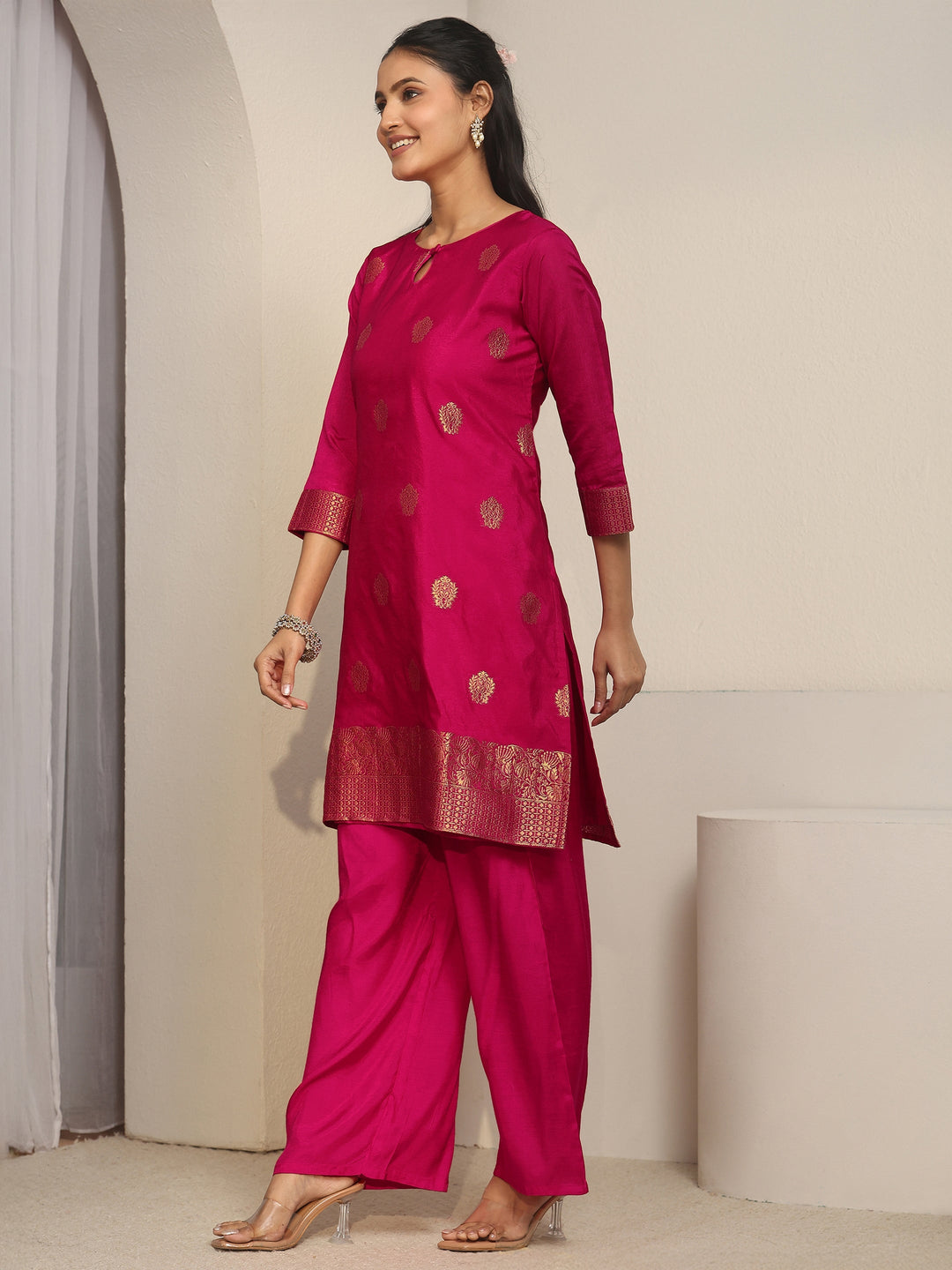  Libas Rani Pink Woven Chanderi Silk Palazzo Suit Set 
