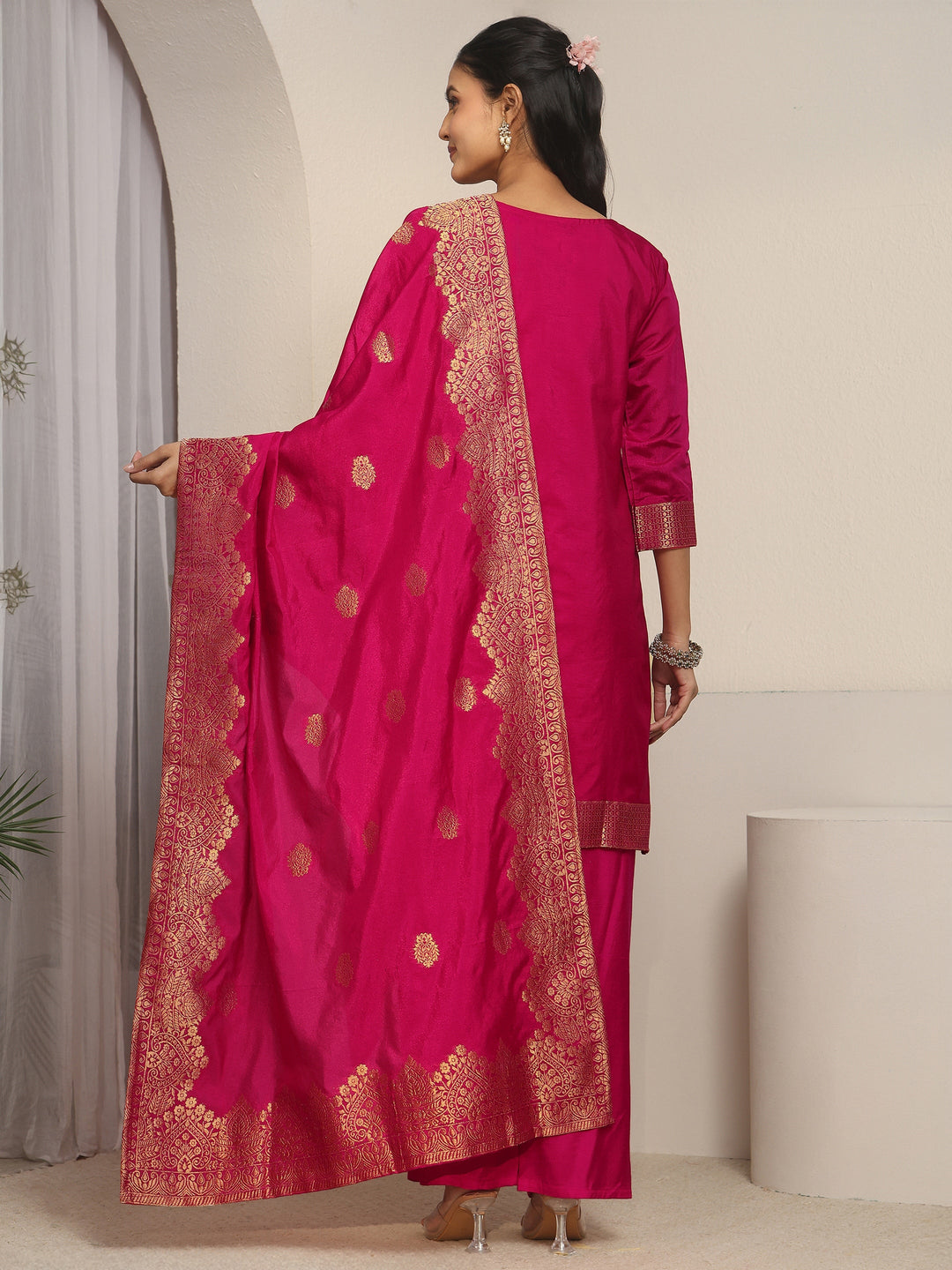  Libas Rani Pink Woven Chanderi Silk Palazzo Suit Set 