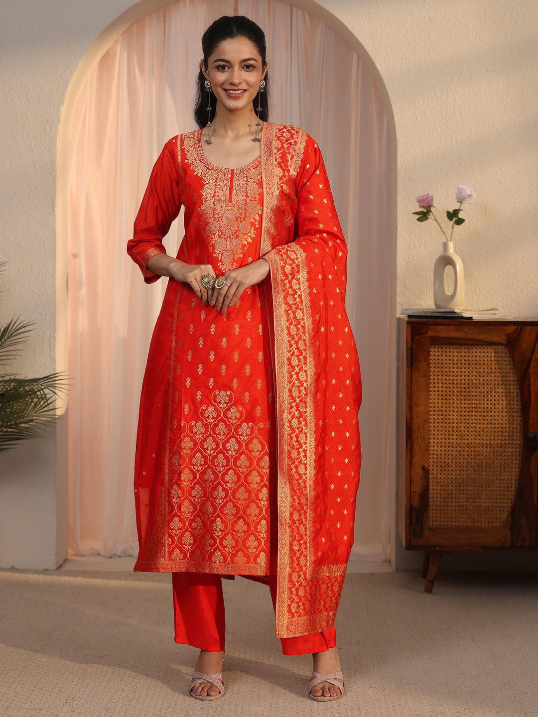  Libas Orange Floral Woven Design Chanderi Silk Straight Suit Set 