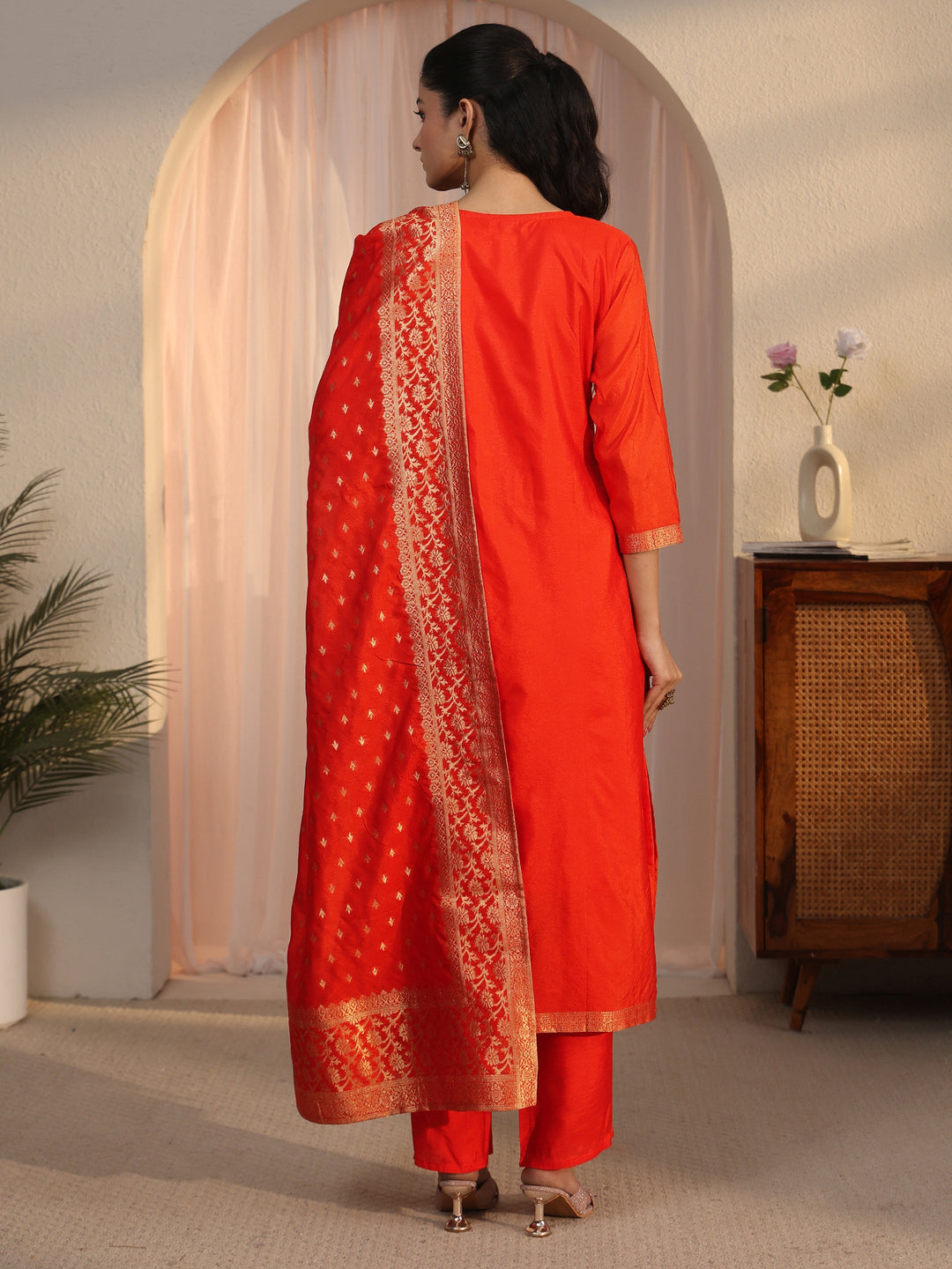  Libas Orange Floral Woven Design Chanderi Silk Straight Suit Set 